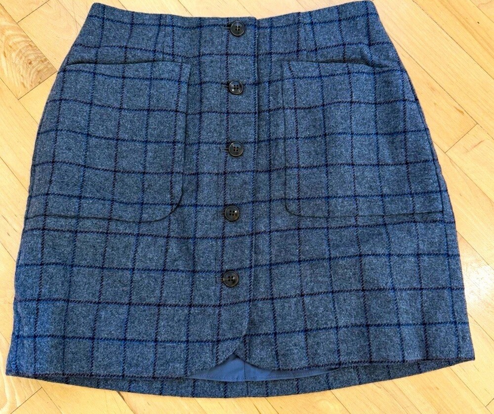 Madewell Women's Gray Blue Plaid Tweed Button Front Lined Mini Skirt Size 2